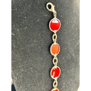 Vintage Silver Red Enamel Disc Link Bracelet Minimalist Bold Geometric Retro